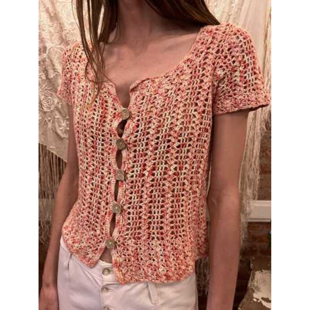 J H Collectibles VTG Boho Crochet Sweater Top Open Knit Short Sleeve Top Sz L